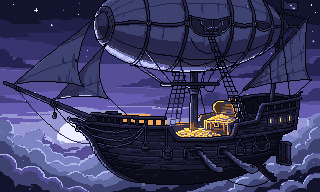 Pixel-art illustration: a wooden airship with a big balloon flies through sunset clouds, a chest of gold glowing on its deck.