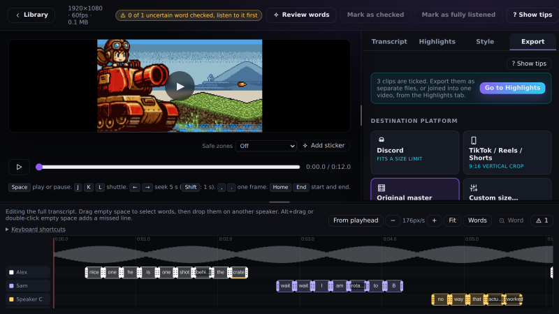 The Substrike clip editor with a sample clip: the game clip in the preview, export options on the right (Discord with a size limit, TikTok, Reels and Shorts as a 9:16 vertical crop, original master, custom size) and the word timeline underneath, one row of words for each speaker.