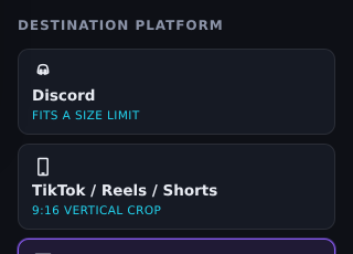 The export options in the Substrike editor: Discord with a size limit, and TikTok, Reels and Shorts as a 9:16 vertical crop.