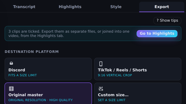 The export panel in the Substrike editor: destination choices for Discord with a size limit, TikTok, Reels and Shorts as a 9:16 vertical crop, original master, or a custom size.