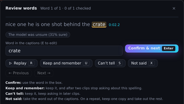 Review words in the Substrike editor: the line with the unsure word crate highlighted, the model 31 percent sure, and Confirm, Replay, Keep and remember, Can’t tell and Not said to choose from.