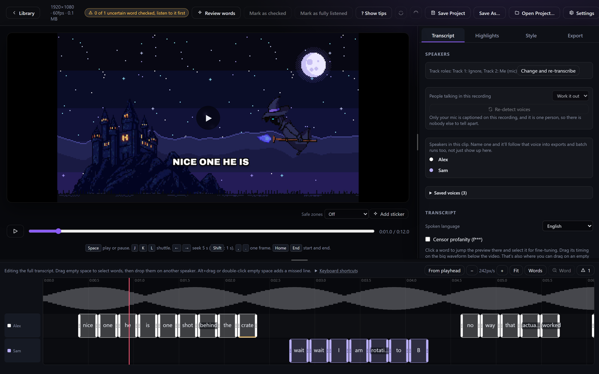 The Substrike clip editor: the clip preview, a speaker panel that found four voices, and a word timeline underneath with one lane of words per speaker.