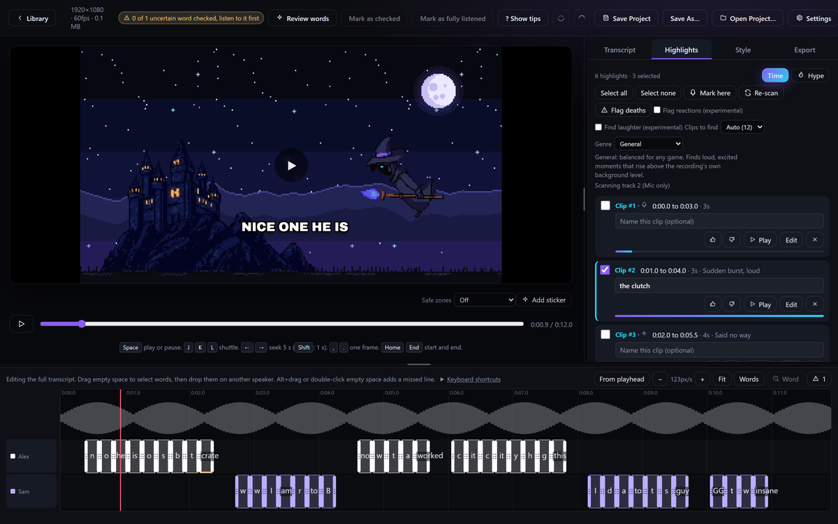 The Highlights tab: a list of detected moments, each with a time range, a reason such as sudden burst, loud, and play, edit and thumbs up or down buttons.