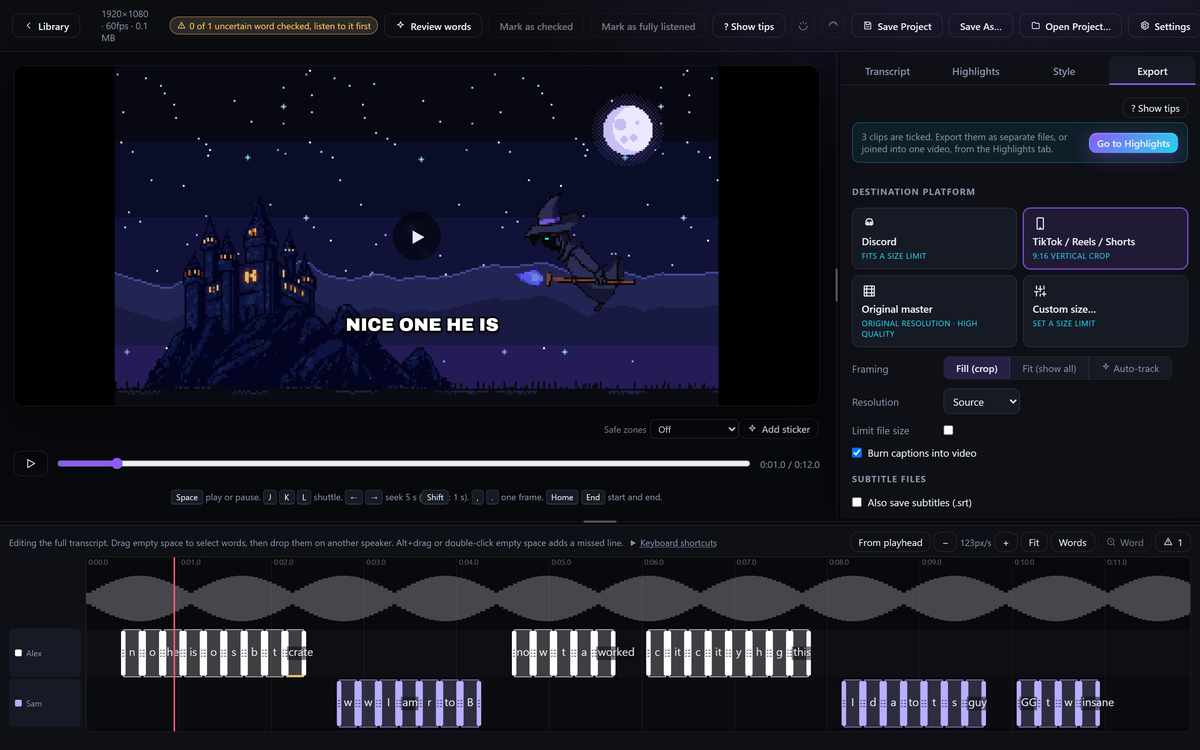 The Export tab: destination tiles for Discord with a size limit, TikTok, Reels and Shorts as a 9:16 vertical crop, original master, and a custom size, with the styled caption showing in the preview above.