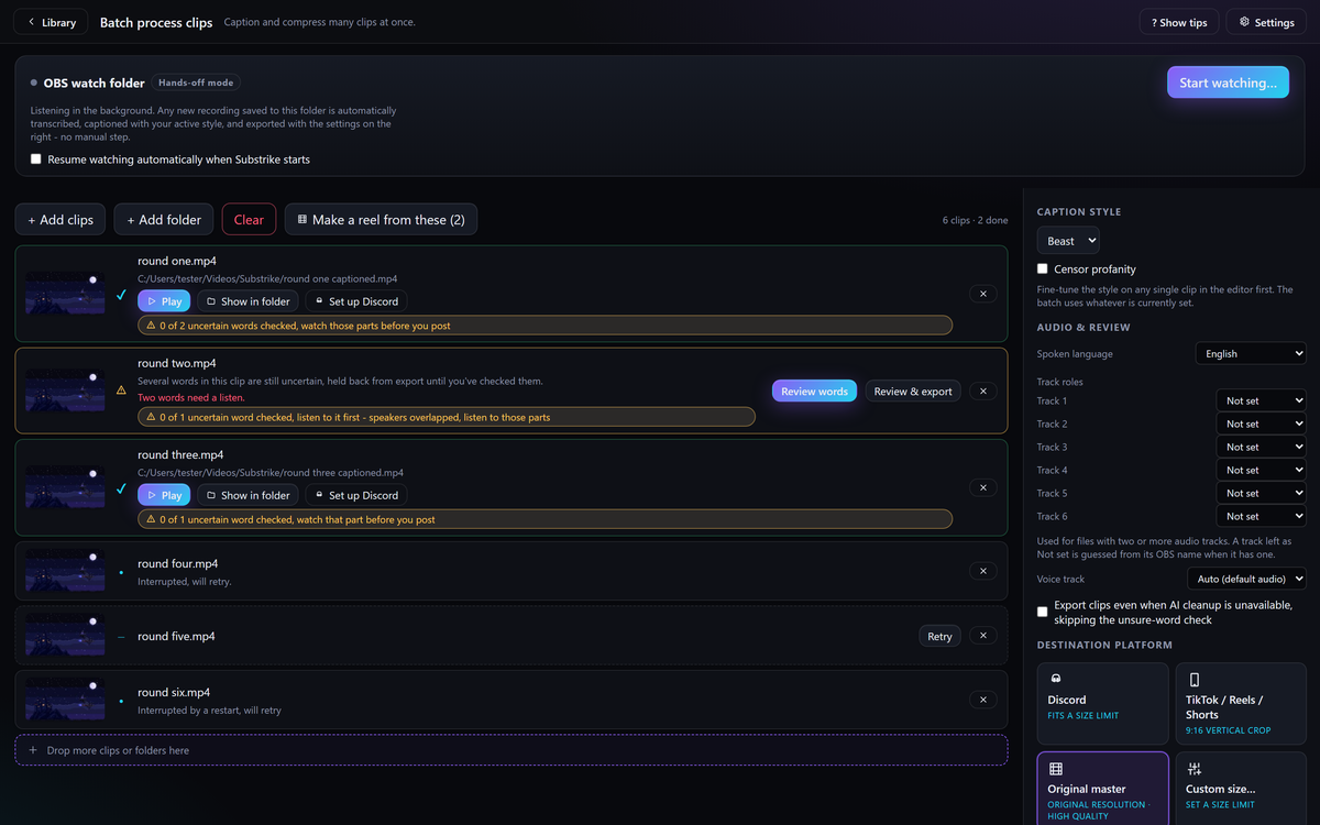The Substrike batch screen: the OBS watch folder switch at the top, and a list of clips, some finished, one waiting for two words to be checked, and two queued to retry.